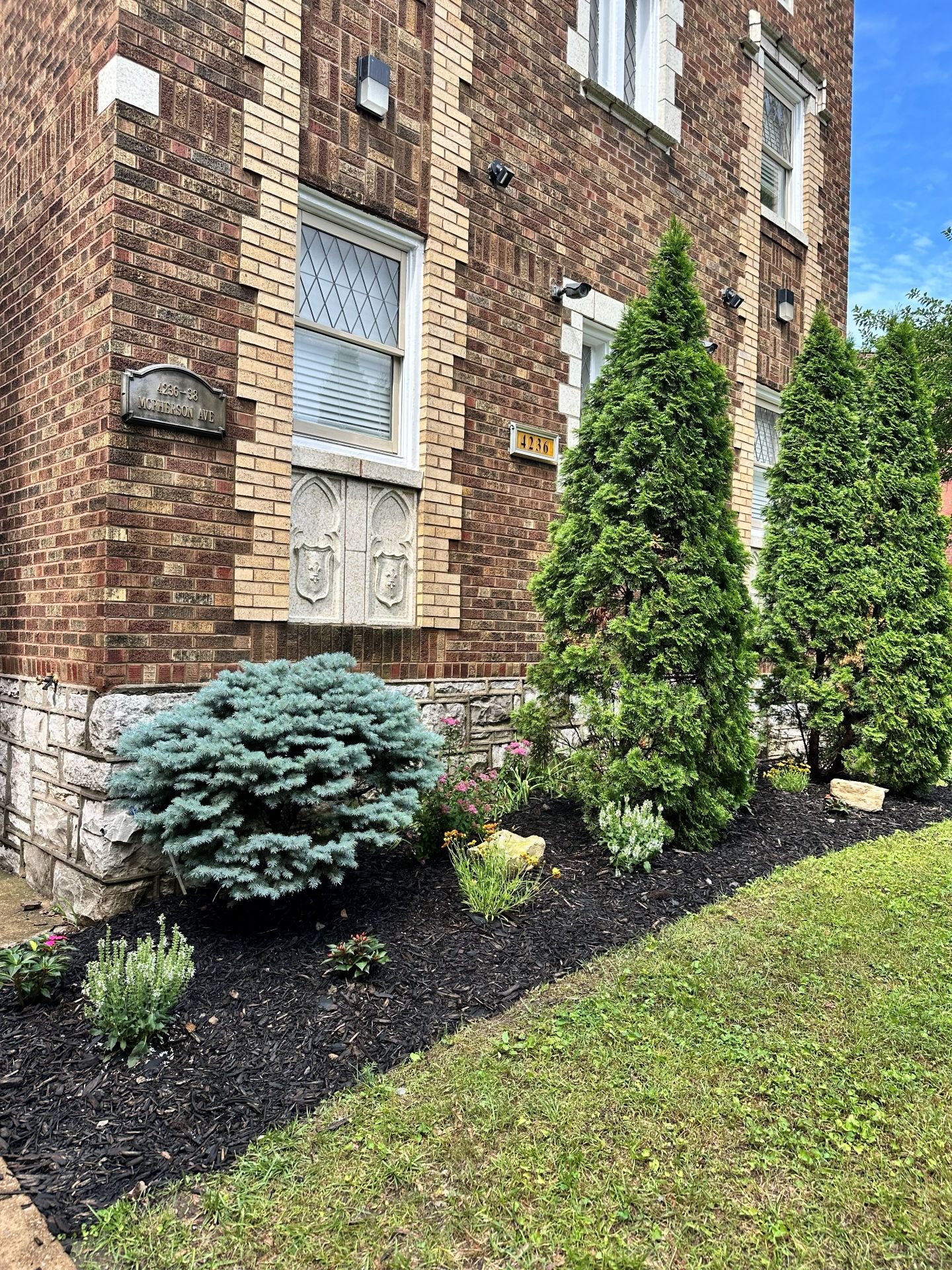 Building facade and entrance landscaping detail